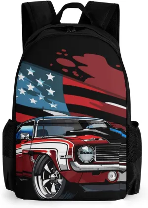 Muscle Car with American Flag Laptop Backpack Lightweight Travel Shoulder Bag Casual Daypack for Men Women