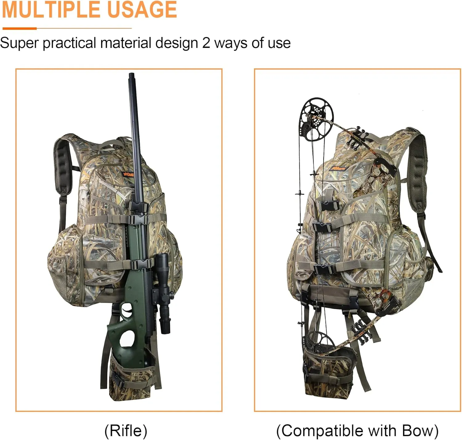 MYDAYS Hunting Backpack, Gear for Turkey Season, Camo Hunting Bow & Rifle Holder Pack, Durable Large Capacity Hunting Day Pack for Outdoor Rifle Bow Gun
