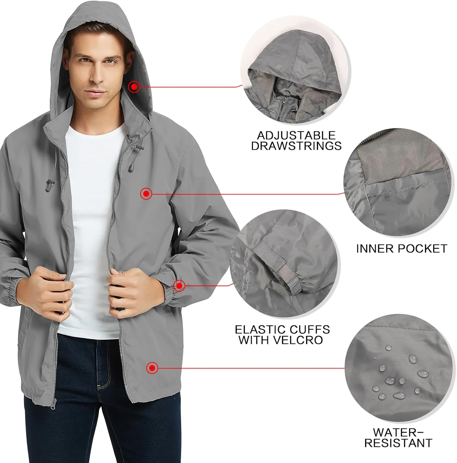 Mywu Mens Windbreaker Jackets Lightweight Rain Jacket Waterproof Raincoat with Hood Outdoor Running Hiking Cycling