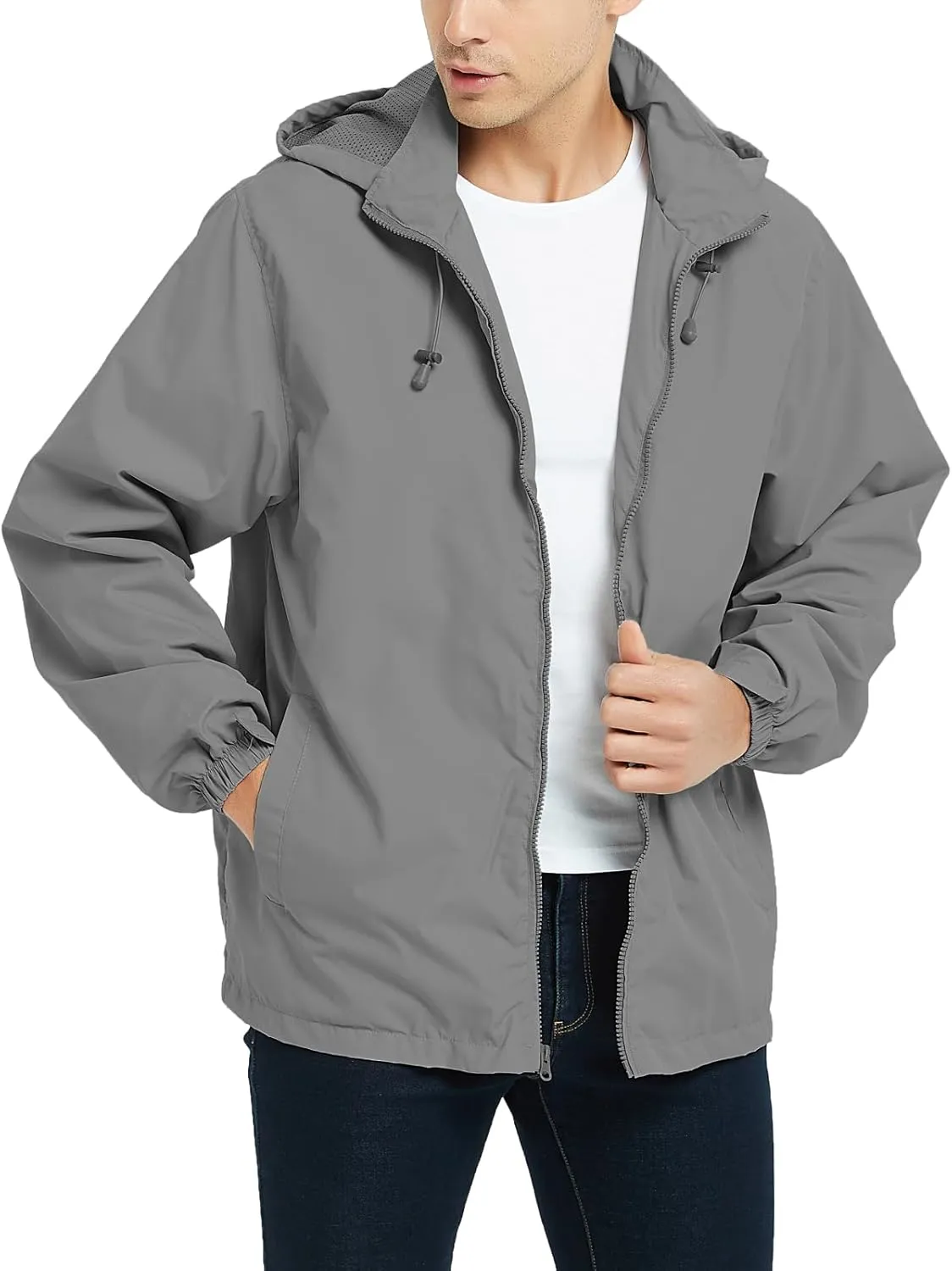 Mywu Mens Windbreaker Jackets Lightweight Rain Jacket Waterproof Raincoat with Hood Outdoor Running Hiking Cycling