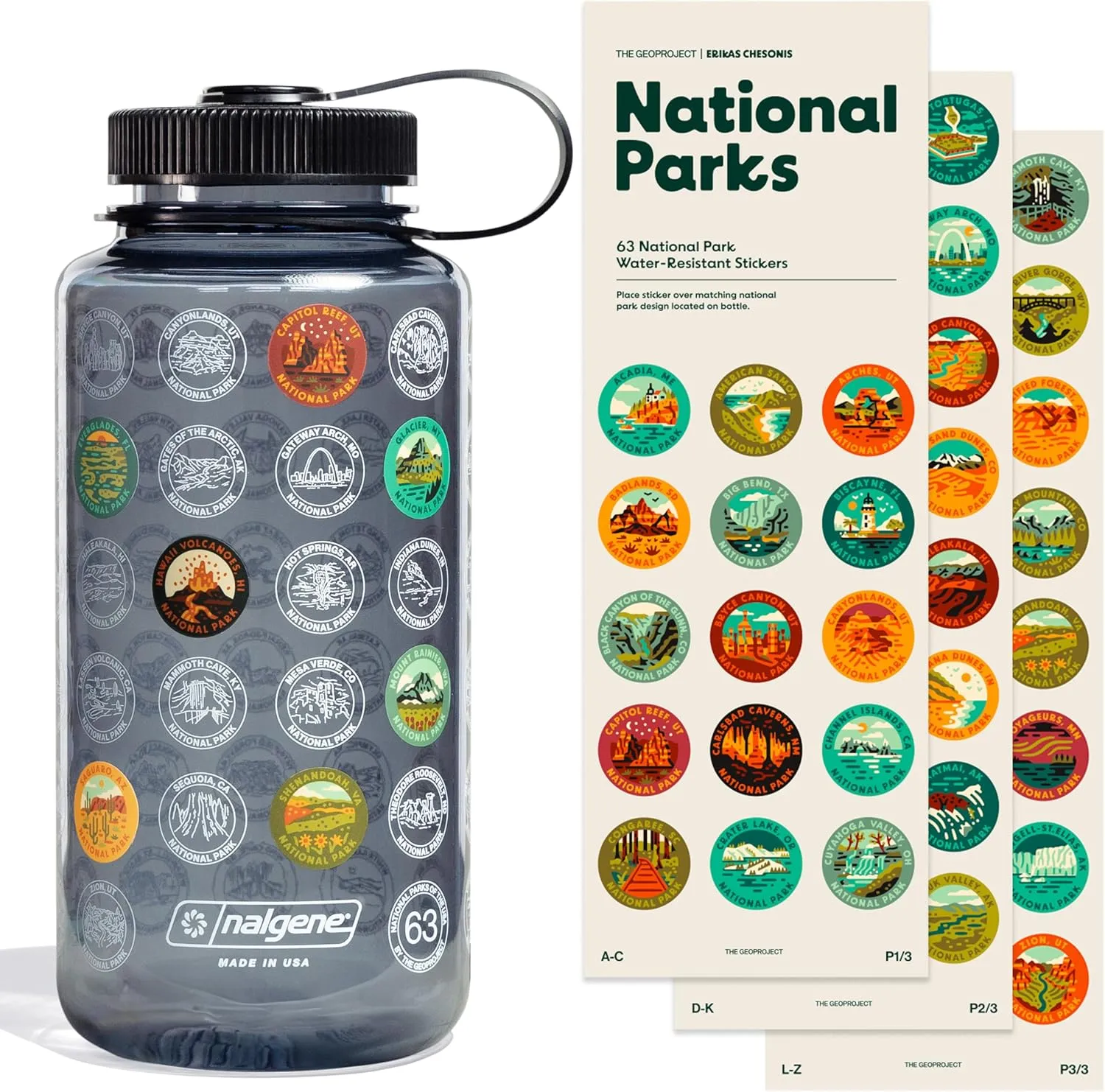 National Parks Plastic Water Bottle with Waterproof Stickers Kit, Light Weight and Wide Mouth Lid 32oz