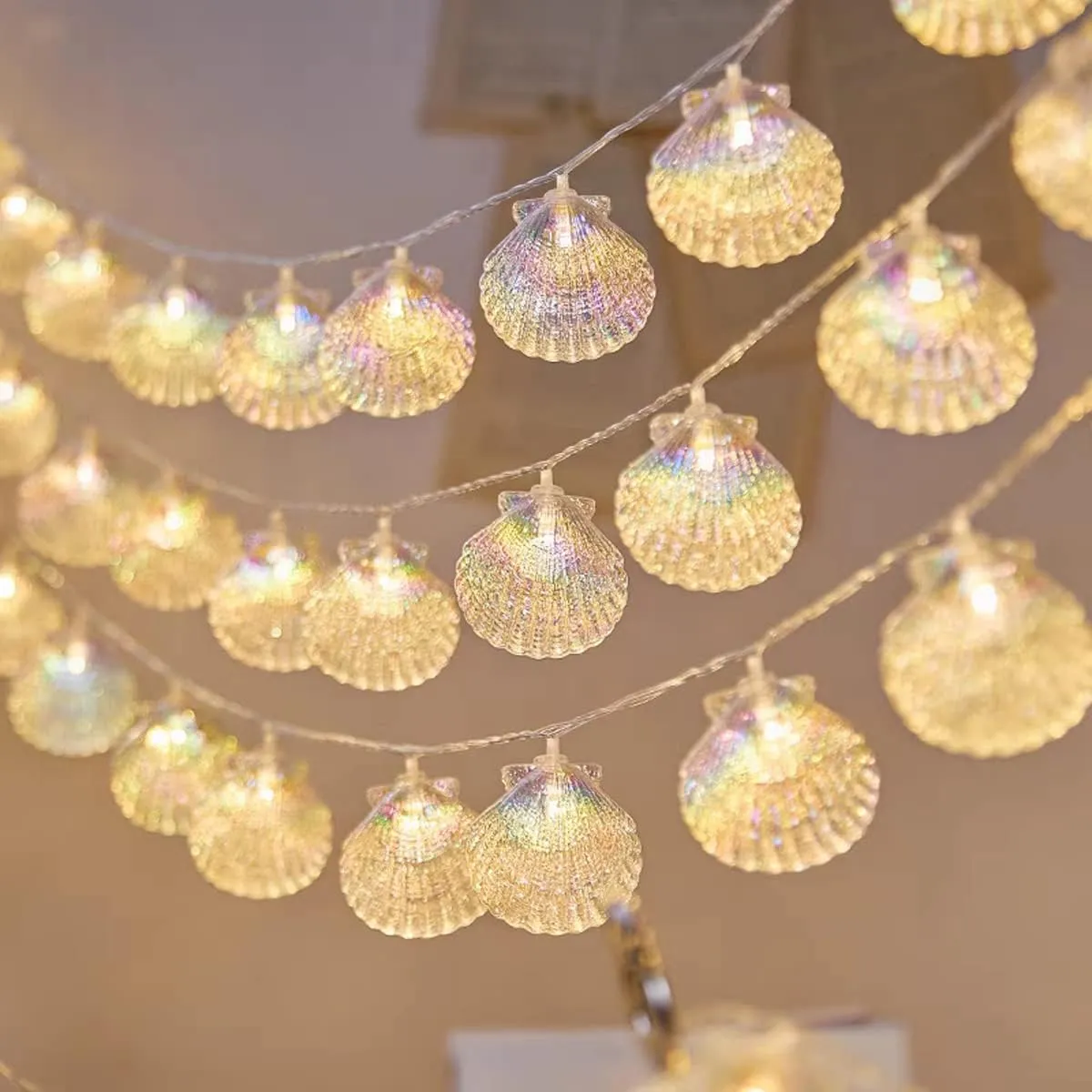 Natural Beach Shell String Light 13.85 feet 40 Warm White LED Weatherproof Battery Drive/USB Ocean Light, Used for Holiday Party Bedroom Wedding Garden Decoration (Battery Box Shell lamp)