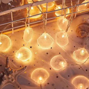 Natural Beach Shell String Light 13.85 feet 40 Warm White LED Weatherproof Battery Drive/USB Ocean Light, Used for Holiday Party Bedroom Wedding Garden Decoration (Battery Box Shell lamp)