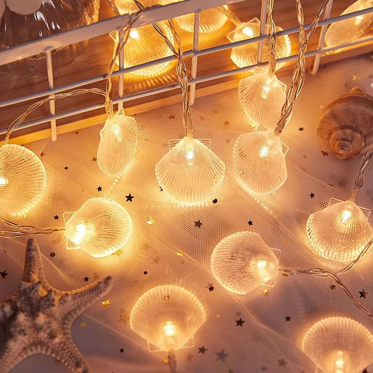 Natural Beach Shell String Light 13.85 feet 40 Warm White LED Weatherproof Battery Drive/USB Ocean Light, Used for Holiday Party Bedroom Wedding Garden Decoration (Battery Box Shell lamp)