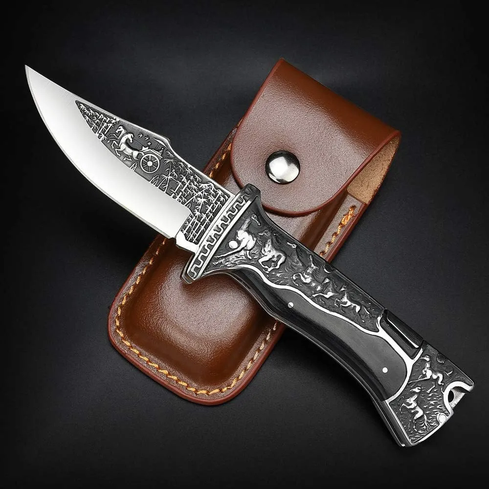 NedFoss Dark Hourse Pocket Knife for Men, Fathers Day Dad Gifts for Men from Daughter Wife Son, 3.5 inch Engraved Unique Folding Knife, Pocket Knives with Holster, Cool Knives, Mens Stocking Stuffers Gifts Idea for Boyfriend Husband Grandpa