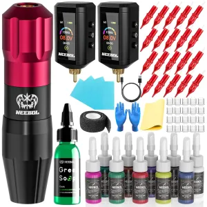 Neebol Wireless Tattoo Kit - Complete Set with 2 Color-Display Power Supplies, 20 Needles, 10 Inks - Professional Tattoo Machine for Beginners