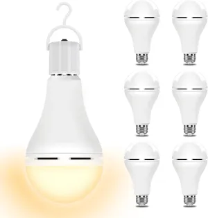 Neporal 3000K 6PK Emergency-Rechargeable-Light-Bulb, Stay Lights Up When Power Failure, 1200mAh15W 80W Equivalent LED Light Bulbs for Home, Camping, Tent