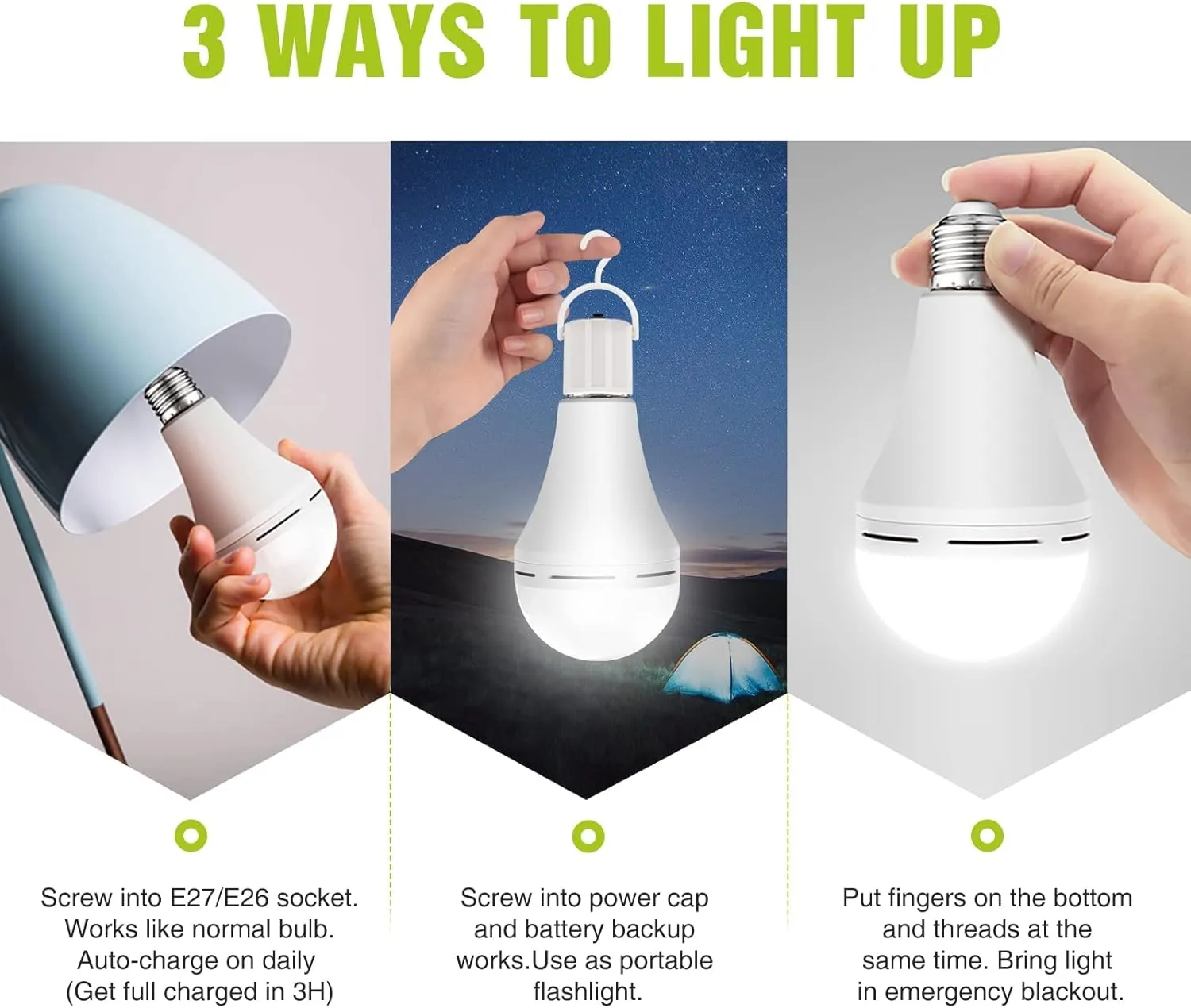 Neporal 4 Pack Emergency-Rechargeable-Light-Bulb, Stay Lights Up When Power Failure, 1200mAh 15W 80W Equivalent LED Light Bulbs for Home, Camping, Tent (E27, with Hook) (Daylight)