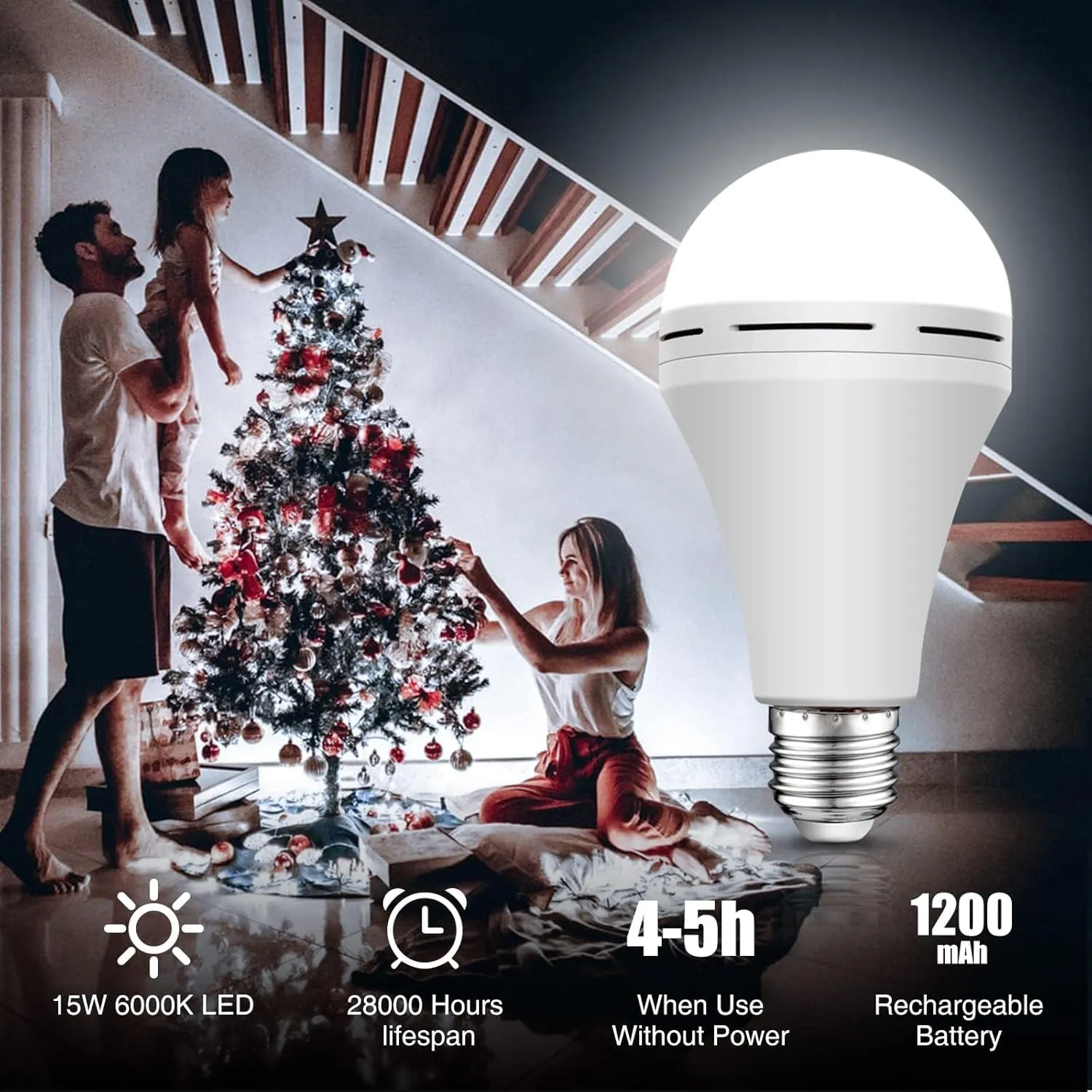 Neporal 4 Pack Emergency-Rechargeable-Light-Bulb, Stay Lights Up When Power Failure, 1200mAh 15W 80W Equivalent LED Light Bulbs for Home, Camping, Tent (E27, with Hook) (Daylight)