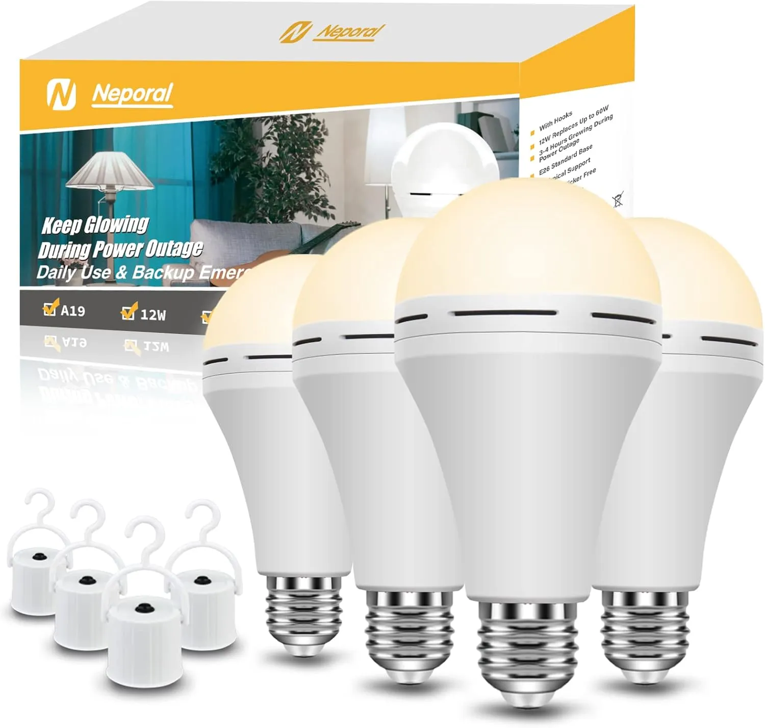 Neporal Emergency Rechargeable Light Bulbs Stay Light Up When Home Power Failure, 15W 80W Equivalent LED 1200mAh Self Charging Emergency Light Bulb for Power Outage, Camping, Tent (Warm White 4PK)