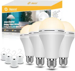Neporal Emergency Rechargeable Light Bulbs Stay Light Up When Home Power Failure, 15W 80W Equivalent LED 1200mAh Self Charging Emergency Light Bulb for Power Outage, Camping, Tent (Warm White 4PK)