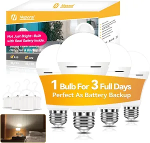 Neporal LITE PRO Rechargeable Light Bulbs, 2600mAh Large Battery Backup Light Bulbs, Socket Rechargeable Emergency Lights for Home, Hurricane Prepareness Item, E26/E27 (White-2600mAh)