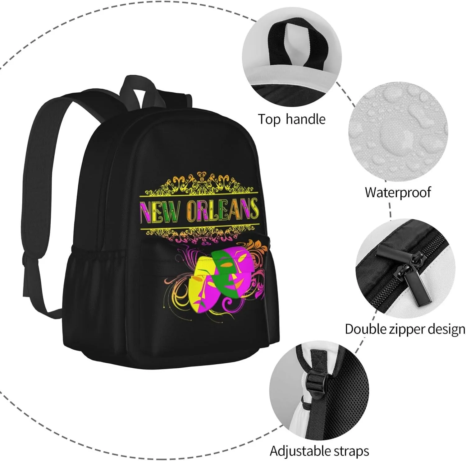 New Orleans Mardi Gras Mask Backpack Casual Laptop Backpack Large Capacity Double Shoulder Bag Travel Daypack For Women Men
