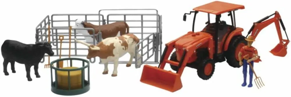 New-Ray NEWSS-33313 Kubota Farm Tractor with Cow Playset