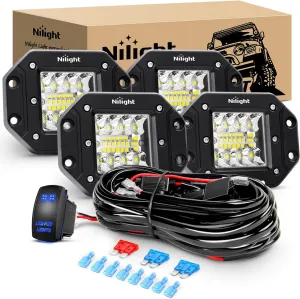Nilight 4PCS 42W Flush Mount LED Pods Spot Flood Combo Beam Driving Light Backup Light Reverse Light Grill Mount Light with 16AWG LED POD Lights Wiring Harness Kit -4 Leads