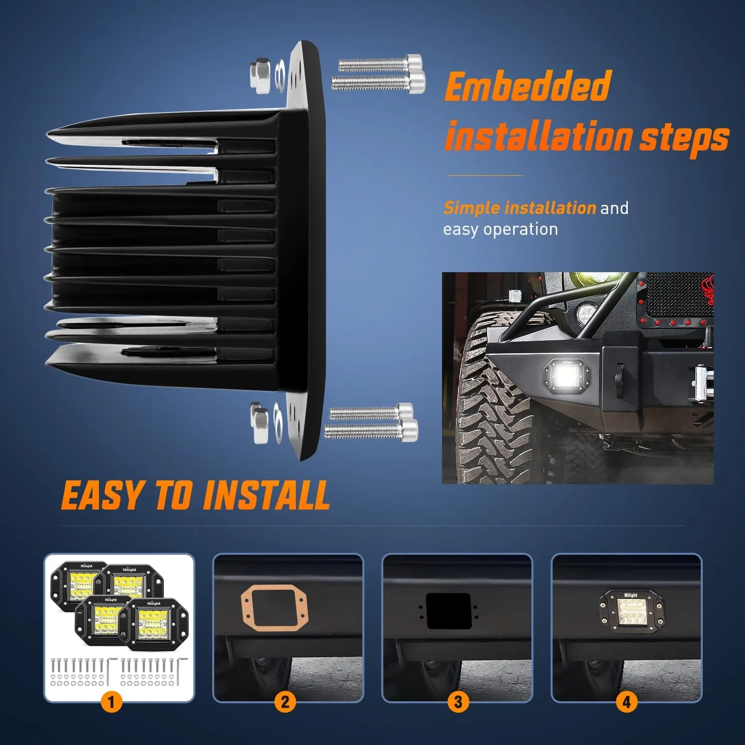 Nilight 4PCS 42W Flush Mount LED Pods Spot Flood Combo Beam Driving Light Backup Light Reverse Light Grill Mount Light with 16AWG LED POD Lights Wiring Harness Kit -4 Leads