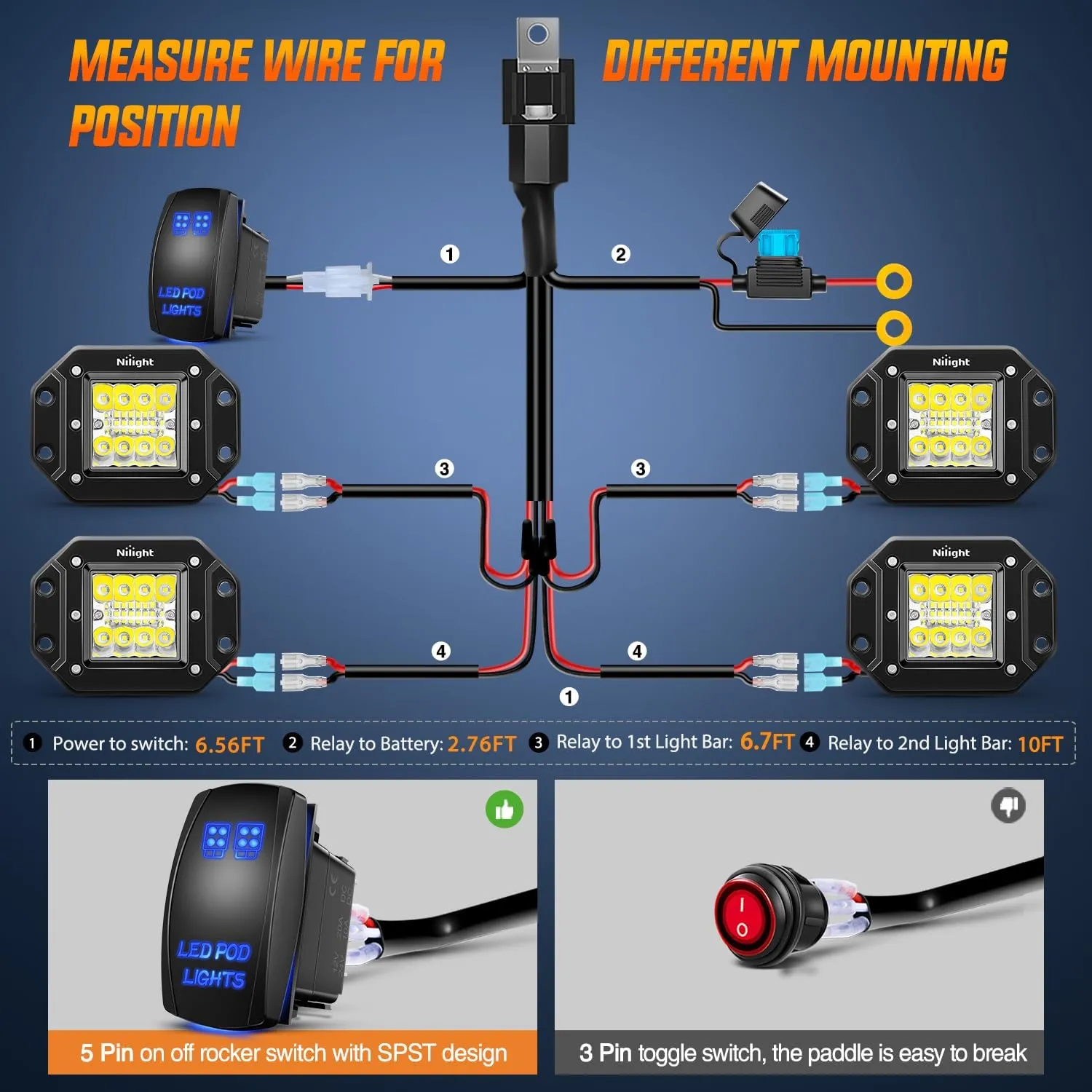Nilight 4PCS 42W Flush Mount LED Pods Spot Flood Combo Beam Driving Light Backup Light Reverse Light Grill Mount Light with 16AWG LED POD Lights Wiring Harness Kit -4 Leads
