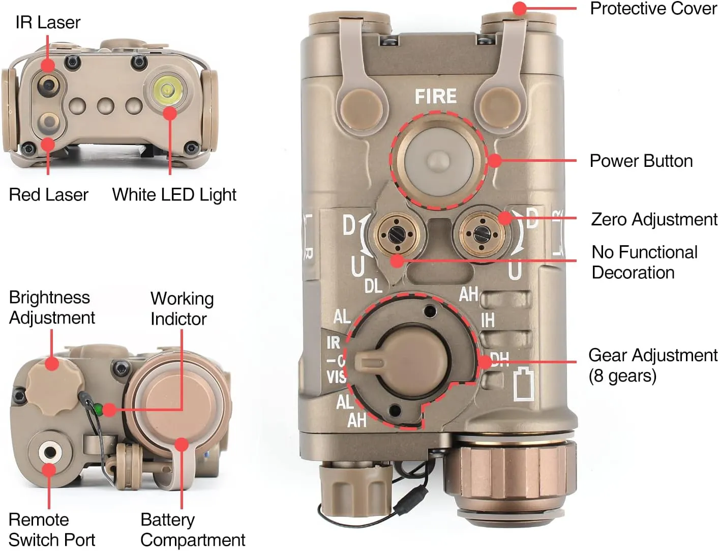 NOBUHIRO Upgrade Metal Airsoft PEQ Box Tactical Aiming Laser Sight, 10 Modes with Red/Green Laser White Light IR Laser for Strobe/Constant/Momentary Modes, Fit for AEG GBB CQB Picatinny Rail