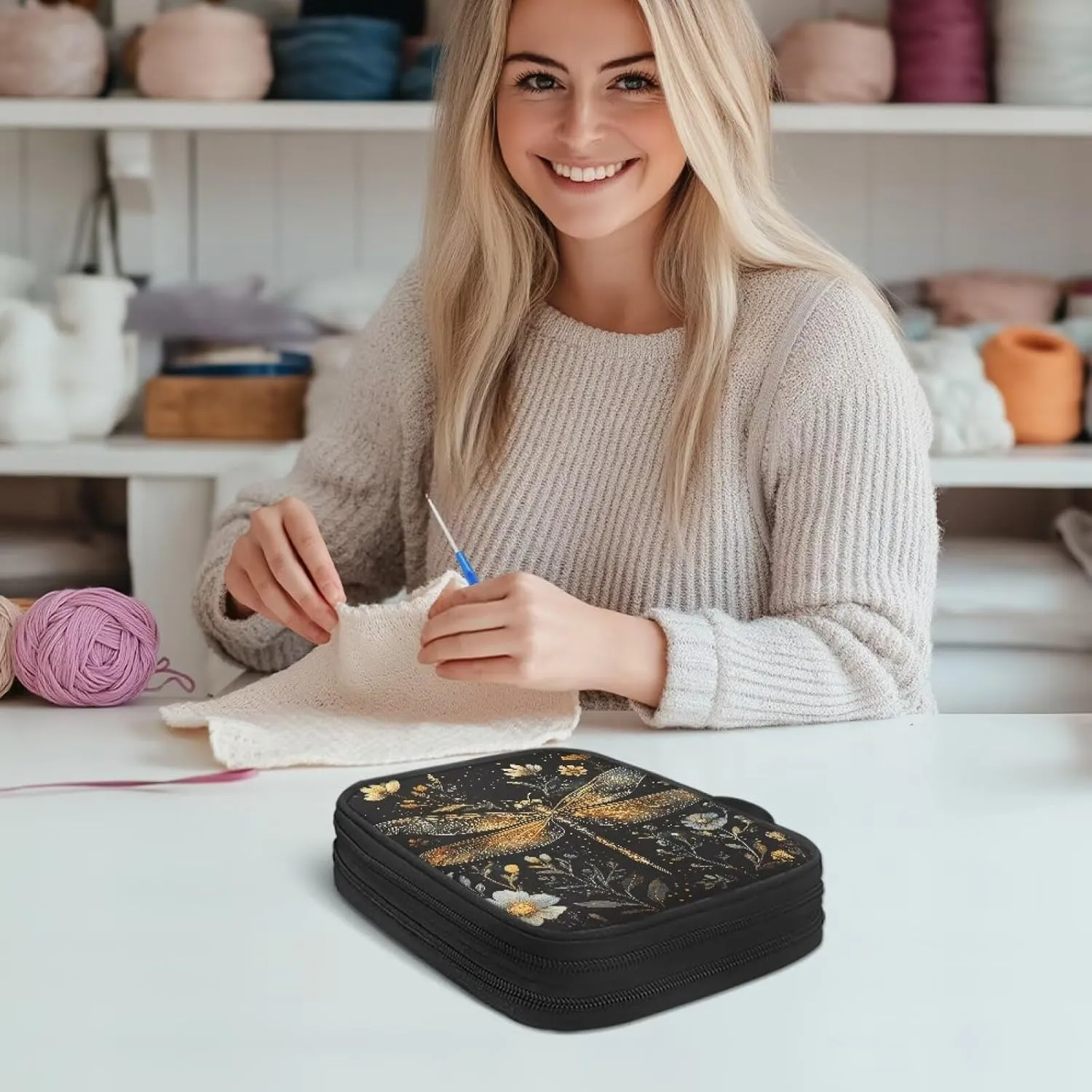 Noprintge Crochet Hook Organizer Case, Square Knitting Needle Storage Bag, Travel Organizer Bag for Crochet Hook and Knitting Accessories, Golden Dragonfly Flowers