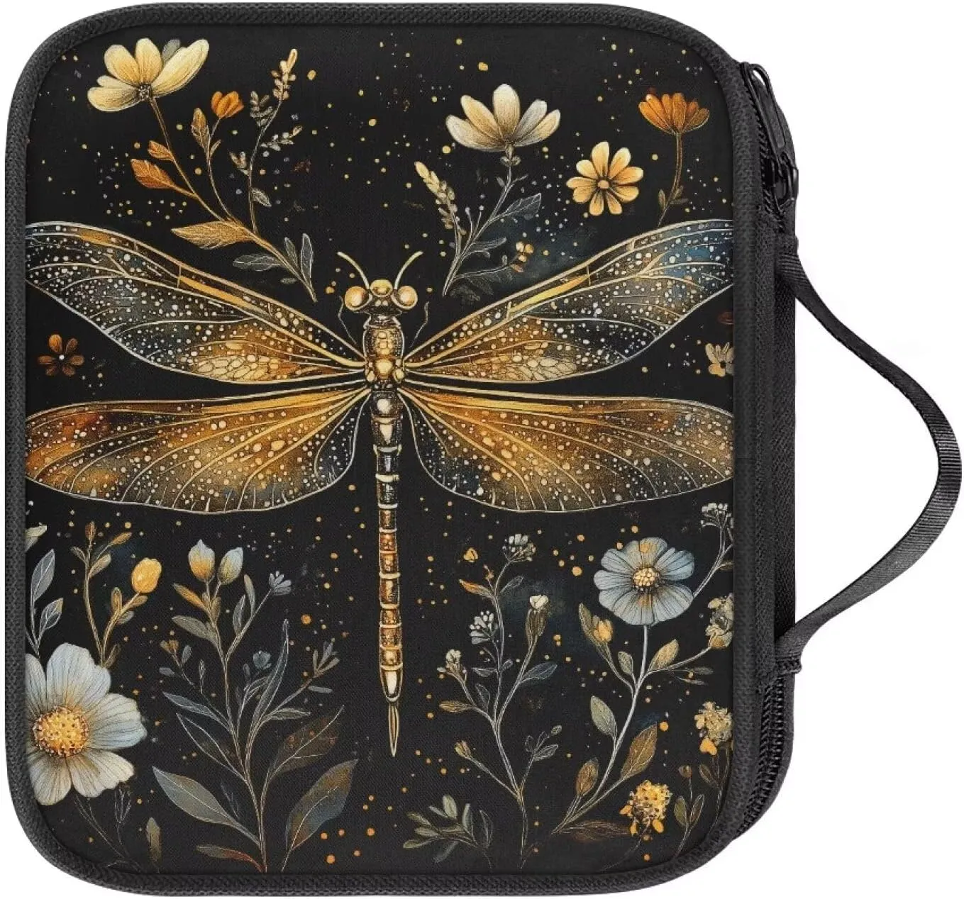 Noprintge Crochet Hook Organizer Case, Square Knitting Needle Storage Bag, Travel Organizer Bag for Crochet Hook and Knitting Accessories, Golden Dragonfly Flowers