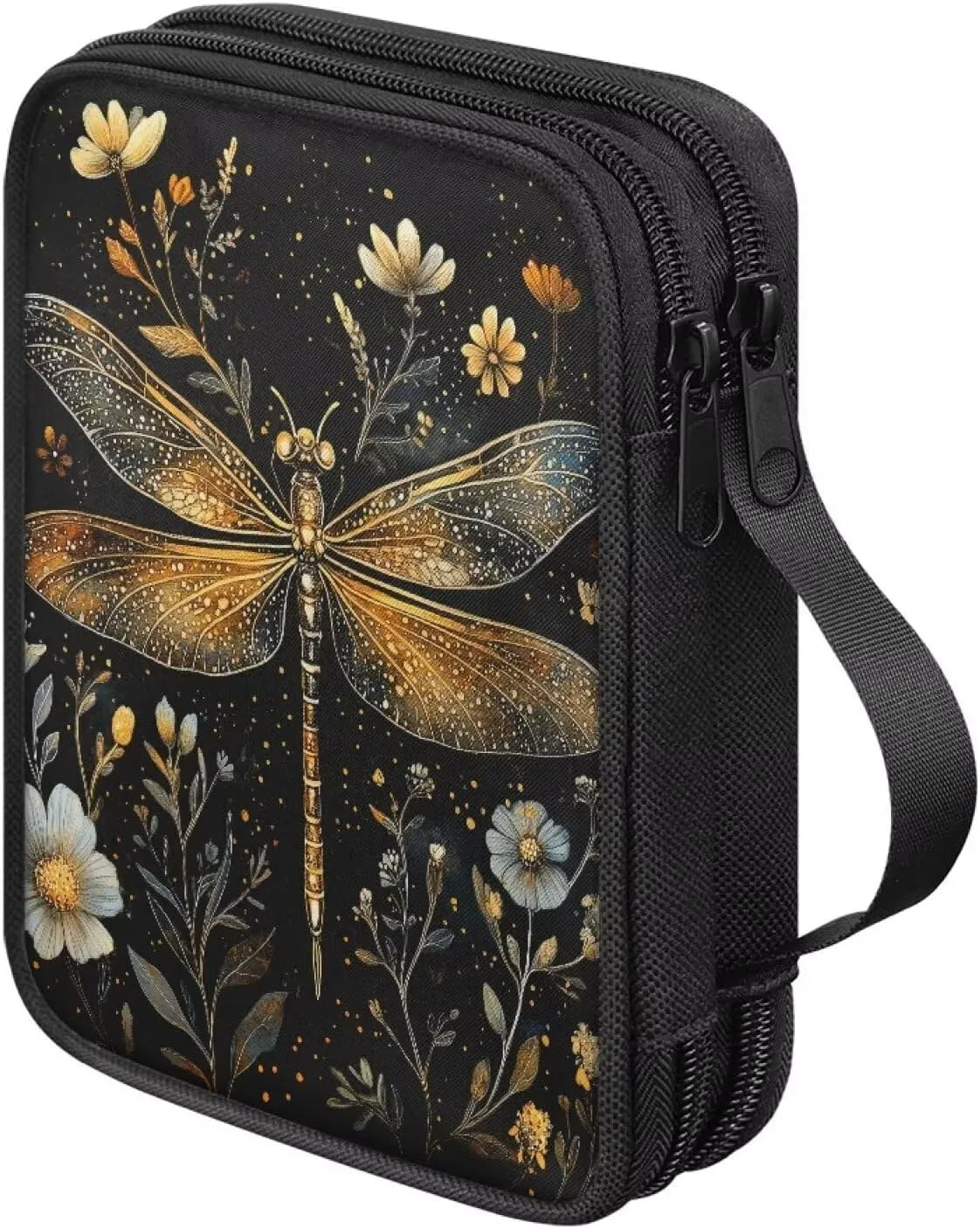 Noprintge Crochet Hook Organizer Case, Square Knitting Needle Storage Bag, Travel Organizer Bag for Crochet Hook and Knitting Accessories, Golden Dragonfly Flowers