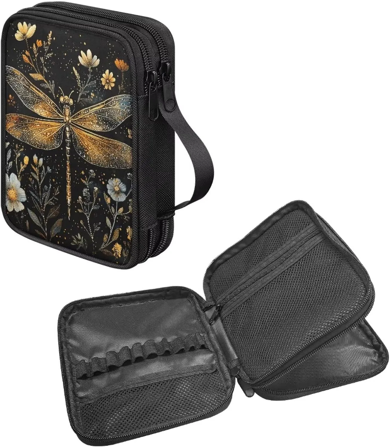 Noprintge Crochet Hook Organizer Case, Square Knitting Needle Storage Bag, Travel Organizer Bag for Crochet Hook and Knitting Accessories, Golden Dragonfly Flowers
