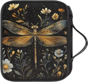 Noprintge Crochet Hook Organizer Case, Square Knitting Needle Storage Bag, Travel Organizer Bag for Crochet Hook and Knitting Accessories, Golden Dragonfly Flowers