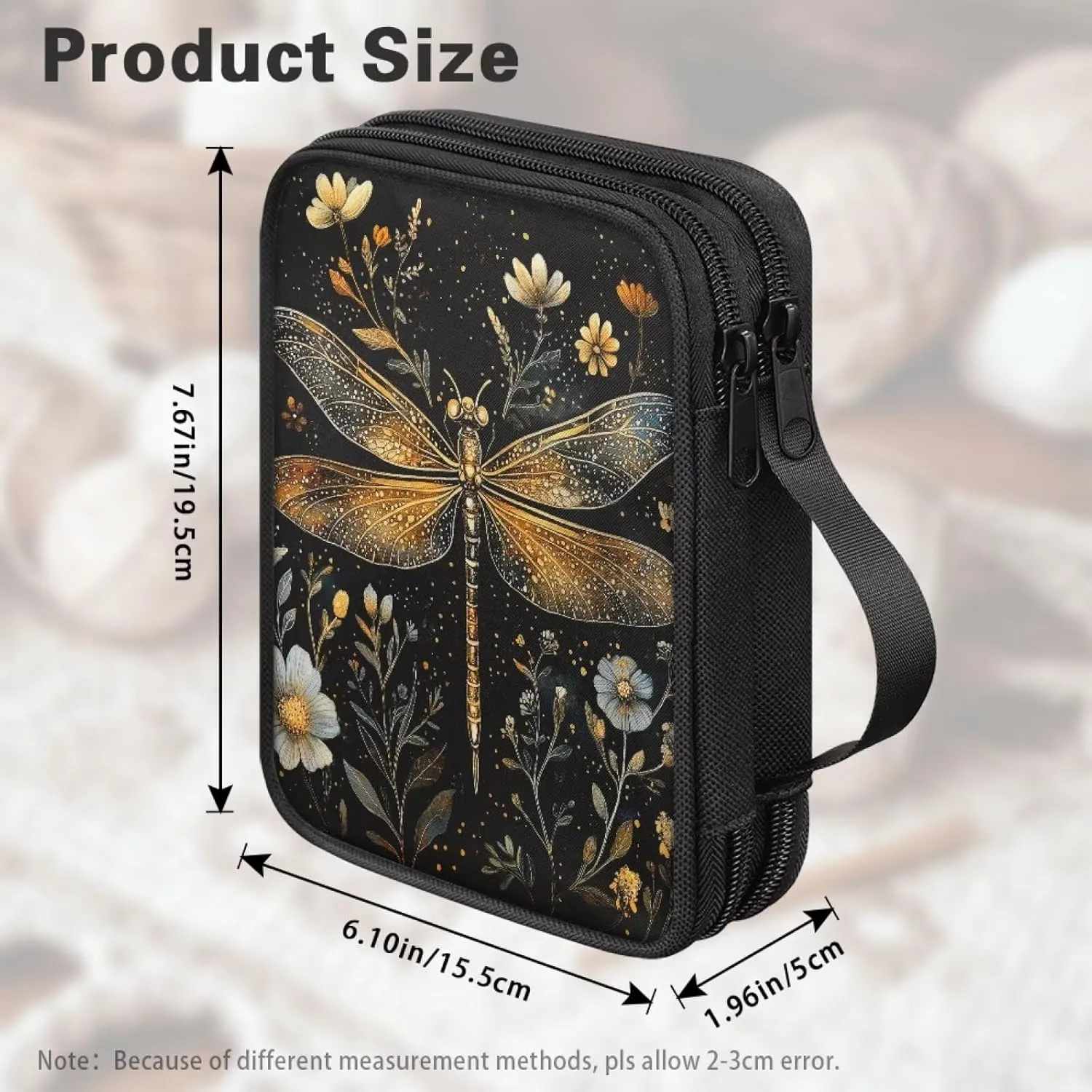 Noprintge Crochet Hook Organizer Case, Square Knitting Needle Storage Bag, Travel Organizer Bag for Crochet Hook and Knitting Accessories, Golden Dragonfly Flowers