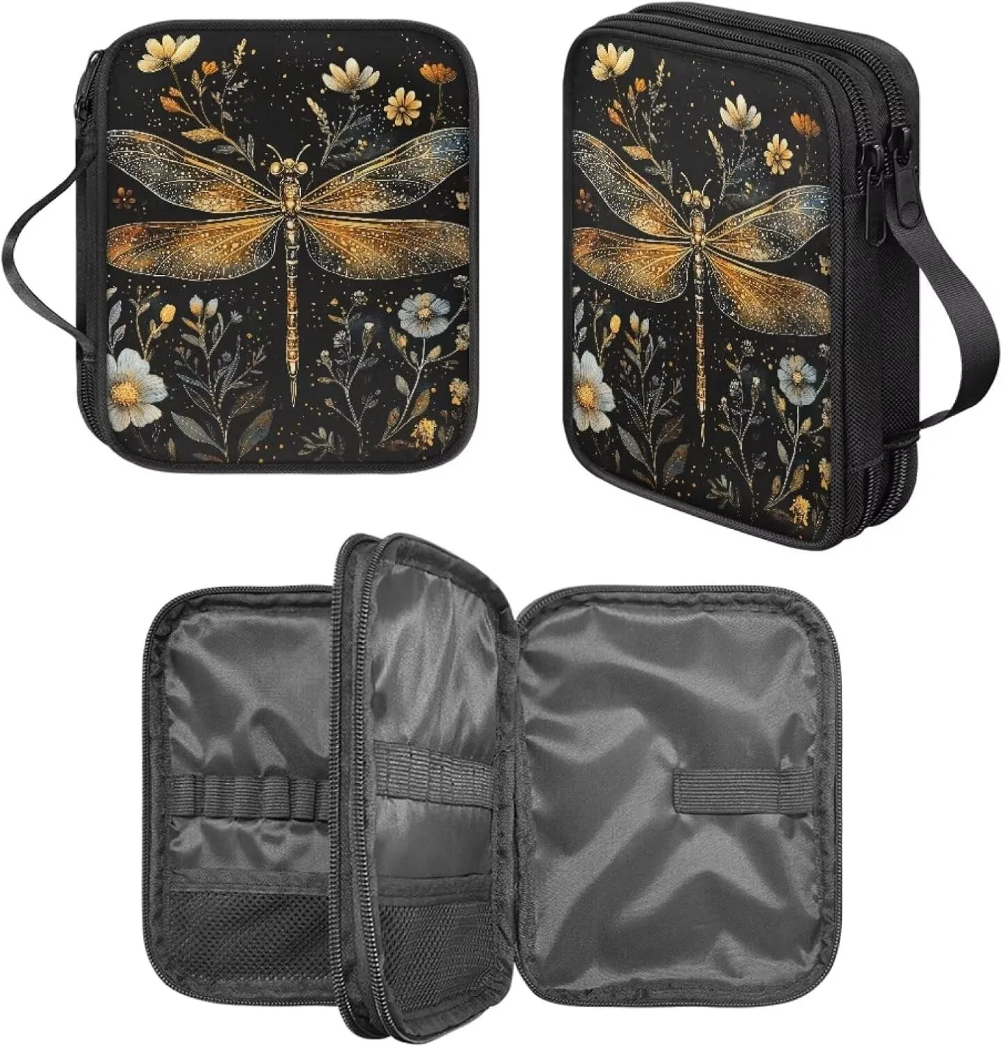 Noprintge Crochet Hook Organizer Case, Square Knitting Needle Storage Bag, Travel Organizer Bag for Crochet Hook and Knitting Accessories, Golden Dragonfly Flowers