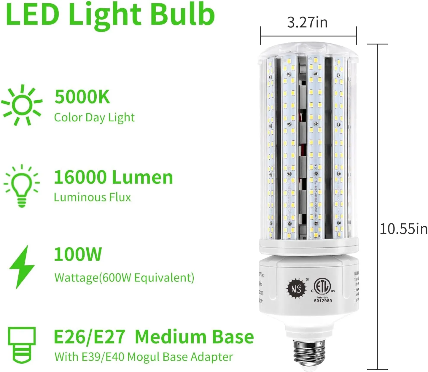 NS 100W LED Cob Corn Light Bulbs,5000K,AC110-277V,16000lm,E26/E39 Base,LED Replacement Metal Halide HID CFL for Commercial Industrial Lighting Warehouse High Bay Light Fixture Garage Workshop
