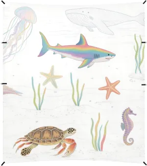 Ocean Animal Starfish Shark Jellyfish Colorful Foldable Beach Canopy UPF50  Water-Resistant Sun Shelter with Sand Shovel, Sandbags for Backyard, Grassland, Park