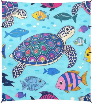 Ocean Sea Turtle Fish Blue Foldable Beach Cabana UPF50  Waterproof Sun Shelter with Sandbags, Sand Shovel, Poles for Family Trips, Picnics & Camping