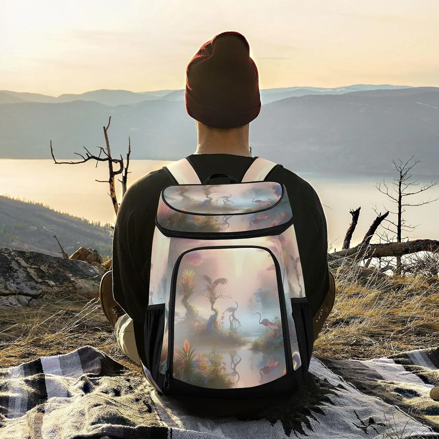 ODAWA Cooler Backpack Waterproof Beach Cooler Bag Lakeside Scenery Lunch Backpack Lightweight Camping Bags