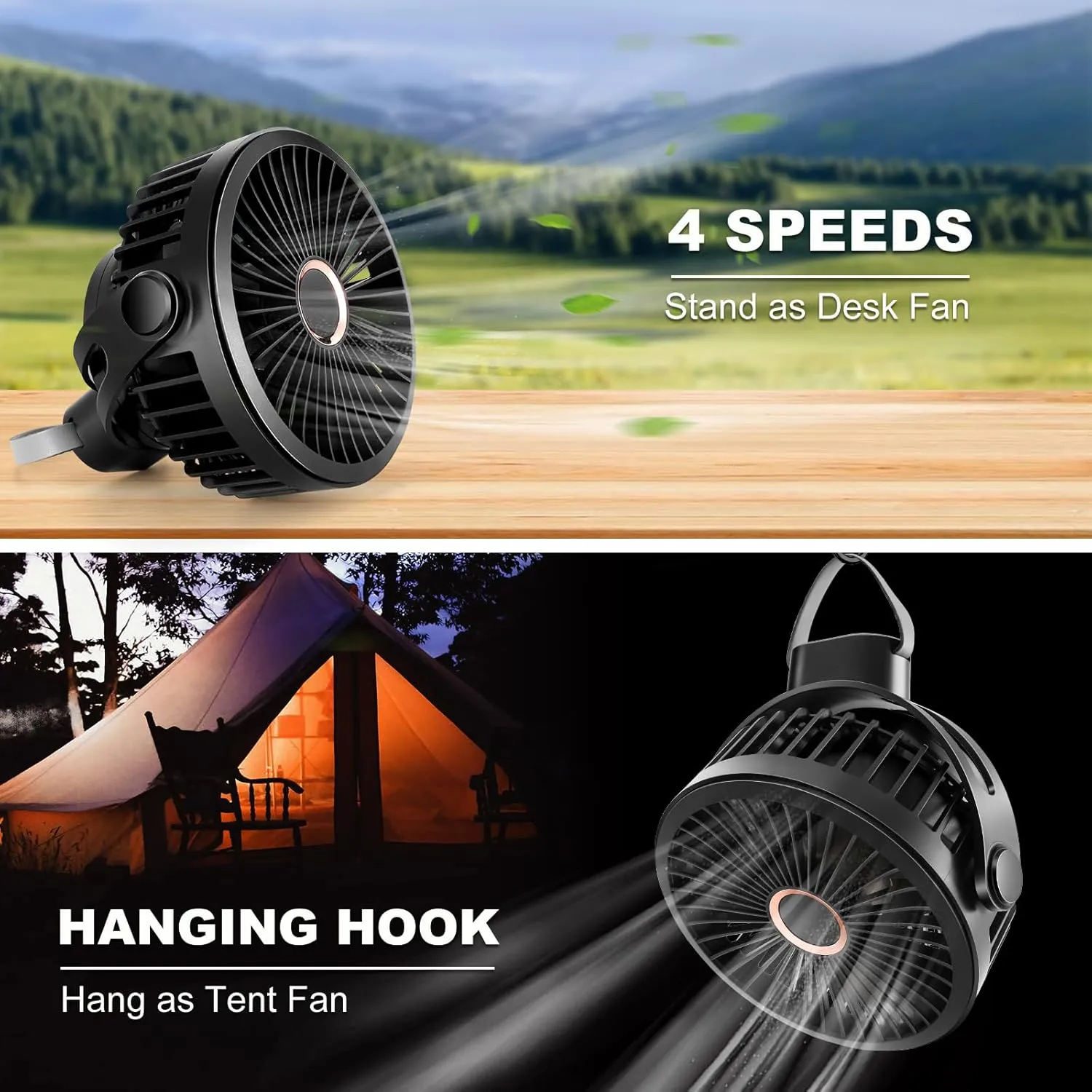 Odoland 10000mAh Camping Rechargeable Fan with Hanging Hook Carabiner, Portable Battery Operated Tent Fan, Quiet Strong Airflow, Outdoor Small USB Desk Fan for Picnic Travel Barbecue Fishing