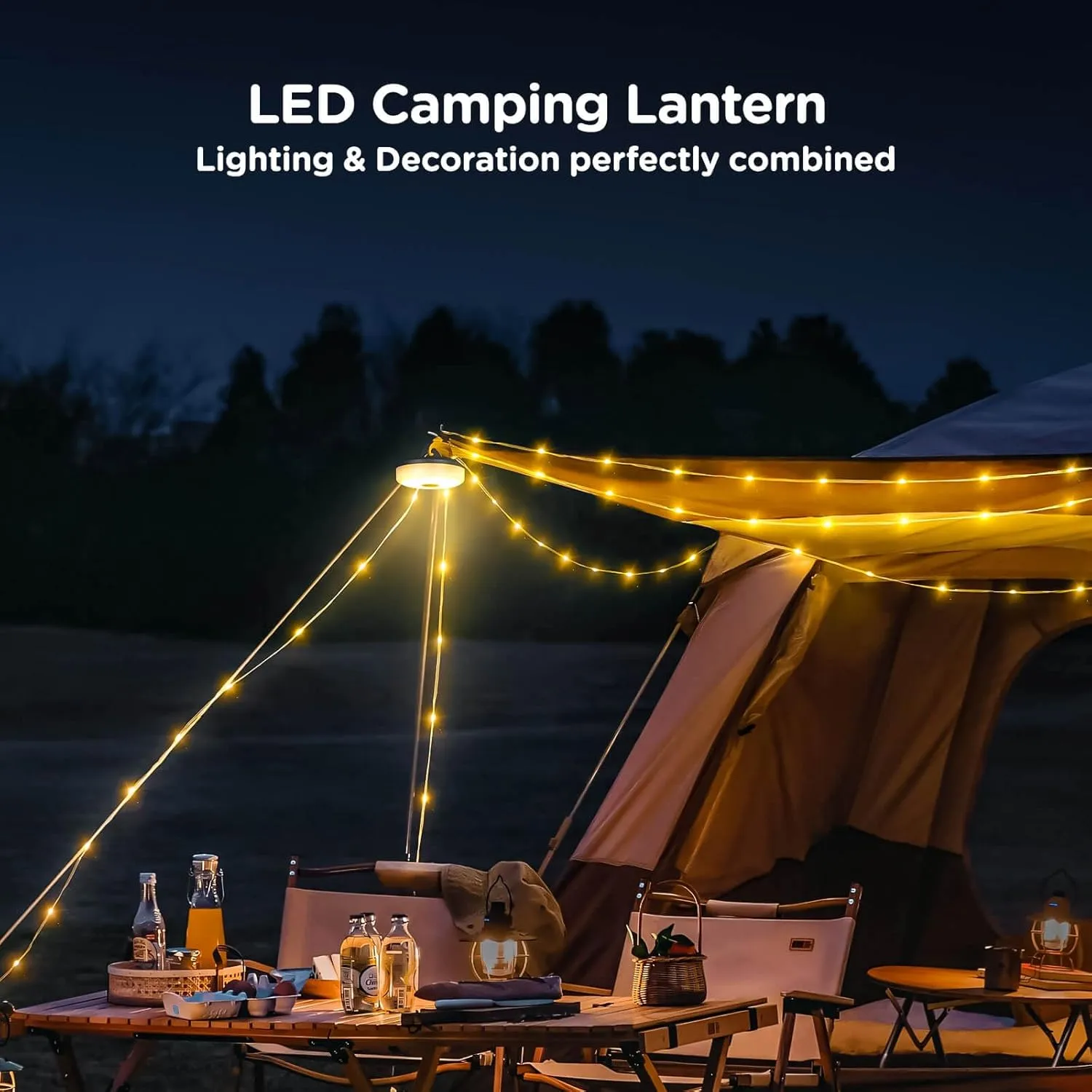 OGERY Camping String Lights, 4 in 1 Quick Storage 32.8FT Rechargeable Tent Lights String with 8 Lighting Modes, Hanging Waterproof Portable LED Lamp for Outdoor Patio Awning Garden Party Essentials