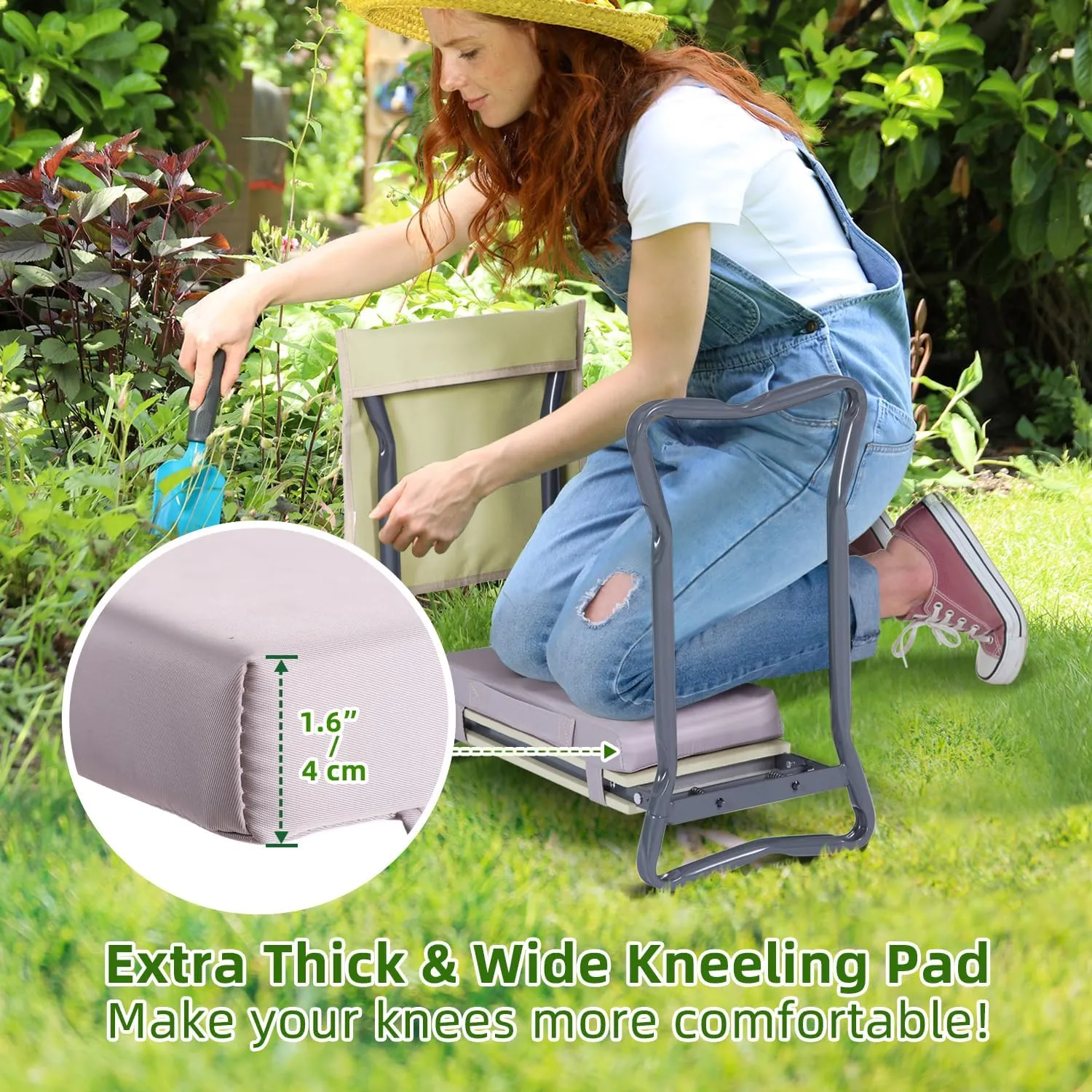 Ohuhu Upgraded Garden Kneeler and Seat 2-in-1 Foldable Gardening Stool with Detachable Soft Kneeling Pad, Garden Bench Heavy Duty with Large Tools Bag and Pouch, Gifts for Fathers Day Gardener