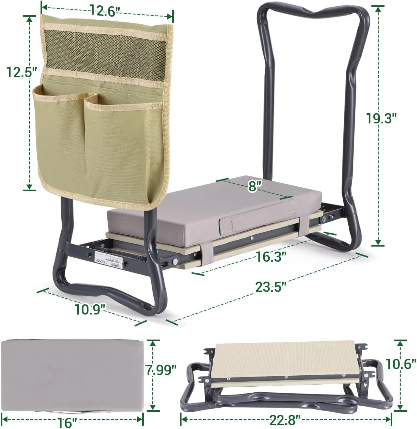 Ohuhu Upgraded Garden Kneeler and Seat 2-in-1 Foldable Gardening Stool with Detachable Soft Kneeling Pad, Garden Bench Heavy Duty with Large Tools Bag and Pouch, Gifts for Fathers Day Gardener