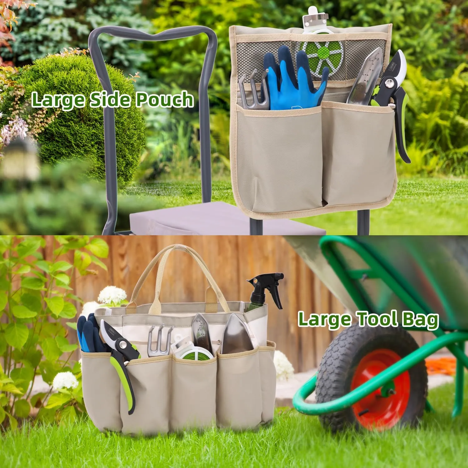 Ohuhu Upgraded Garden Kneeler and Seat 2-in-1 Foldable Gardening Stool with Detachable Soft Kneeling Pad, Garden Bench Heavy Duty with Large Tools Bag and Pouch, Gifts for Fathers Day Gardener