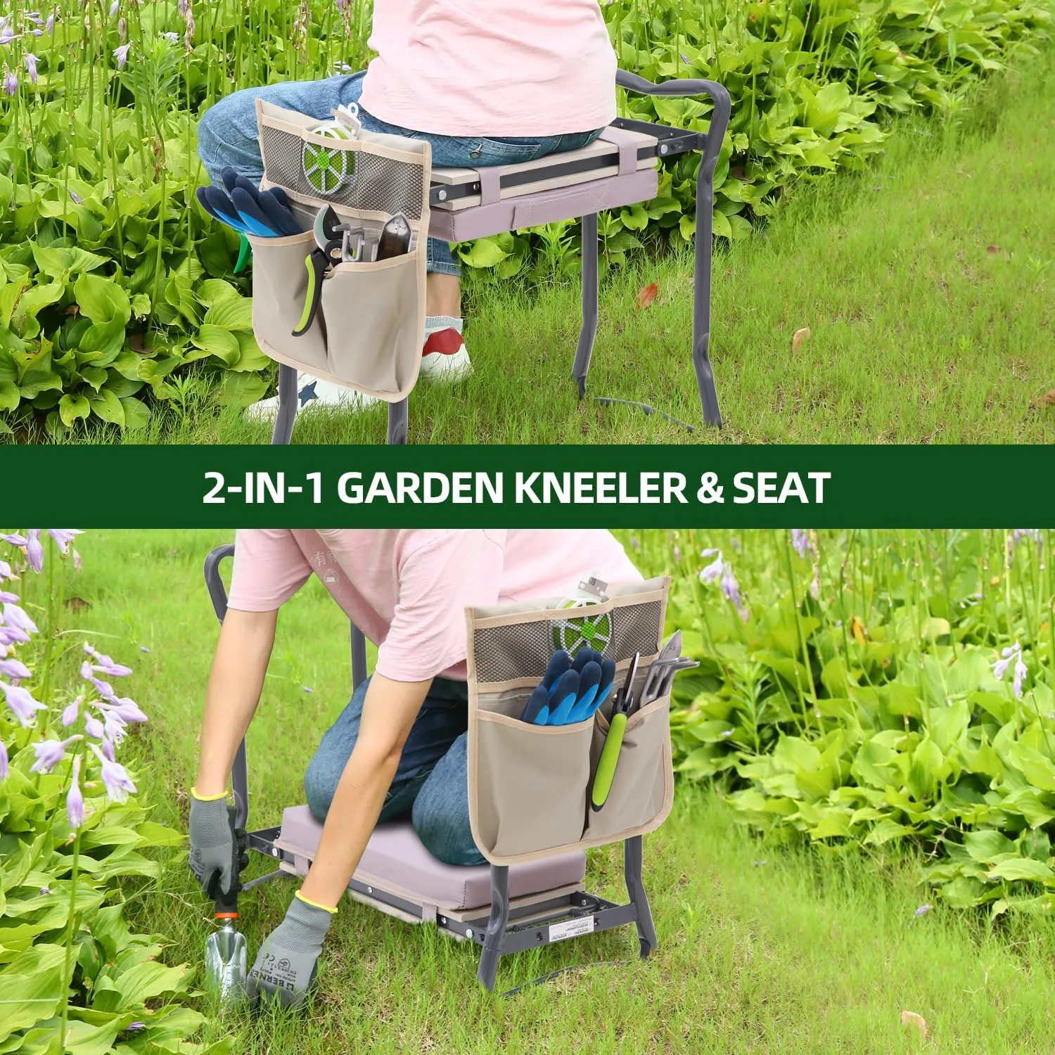 Ohuhu Upgraded Garden Kneeler and Seat 2-in-1 Foldable Gardening Stool with Detachable Soft Kneeling Pad, Garden Bench Heavy Duty with Large Tools Bag and Pouch, Gifts for Fathers Day Gardener