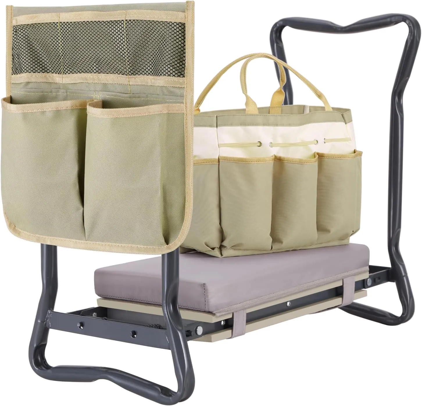 Ohuhu Upgraded Garden Kneeler and Seat 2-in-1 Foldable Gardening Stool with Detachable Soft Kneeling Pad, Garden Bench Heavy Duty with Large Tools Bag and Pouch, Gifts for Fathers Day Gardener