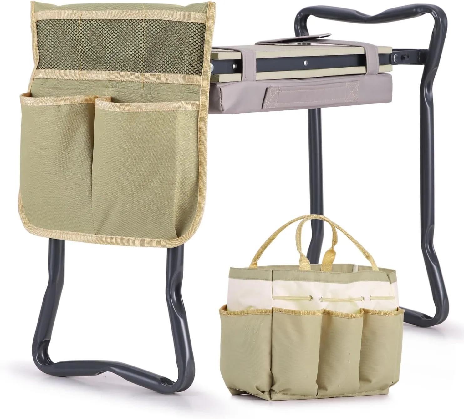 Ohuhu Upgraded Garden Kneeler and Seat 2-in-1 Foldable Gardening Stool with Detachable Soft Kneeling Pad, Garden Bench Heavy Duty with Large Tools Bag and Pouch, Gifts for Fathers Day Gardener