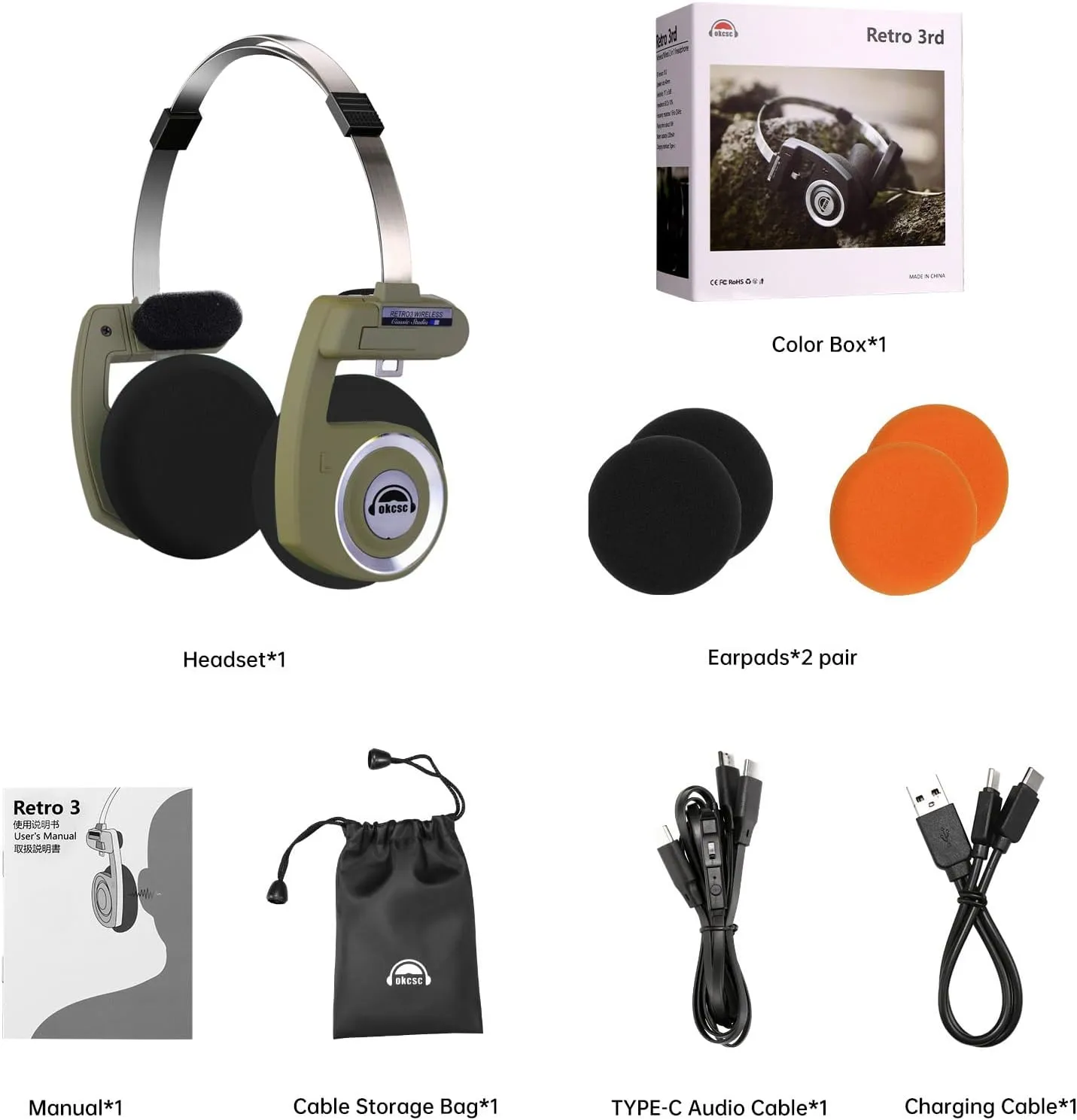 okcsc Classic Portable Headphones, Retro Style, Bluetooth Wireless Retro Headphones,Ultra Lightweight/All Day Playtime/Bullt-in Mic/40mm Class Composite Film/BT 5.3 & Wired Two Connection Modes Green