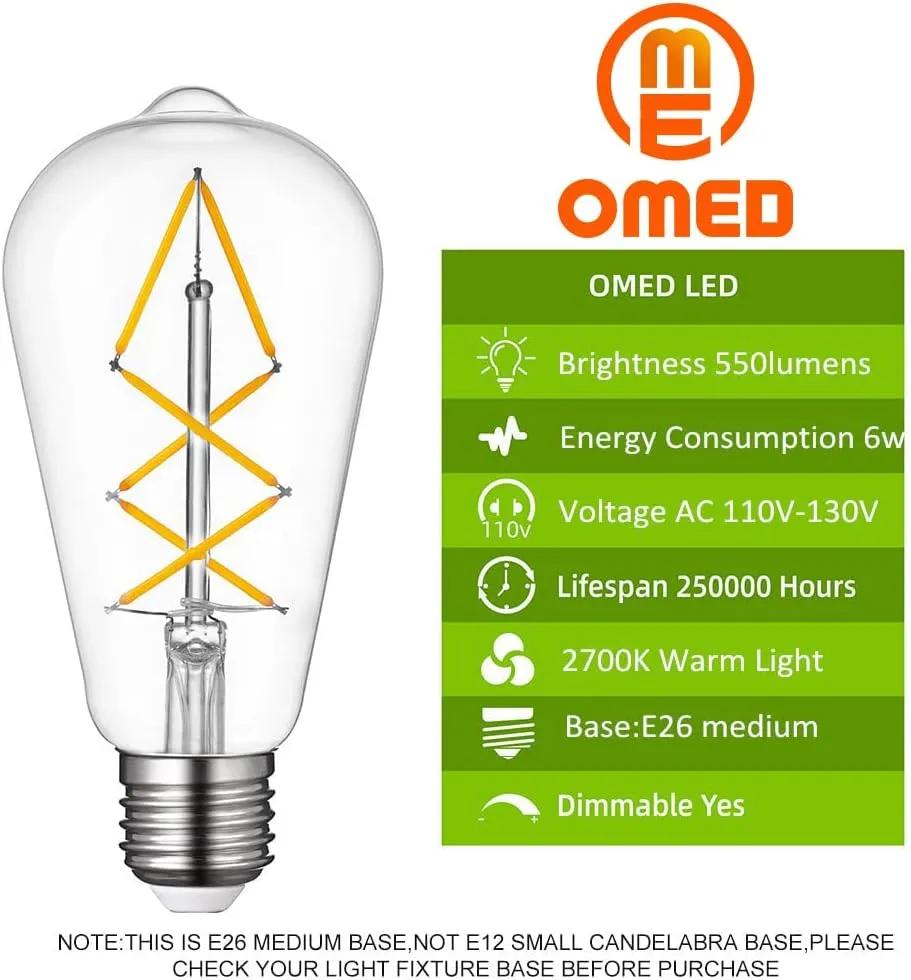 OMED Dimmable E26 LED Edison Bulb 60 watt, Clear Glass 2700k Soft White Vintage Light Bulbs, Cross LED Filament Retro Edison Bulbs for Ceiling Fan, Porch,Bathroom, Farmhouse Light Bulbs 6 Pack