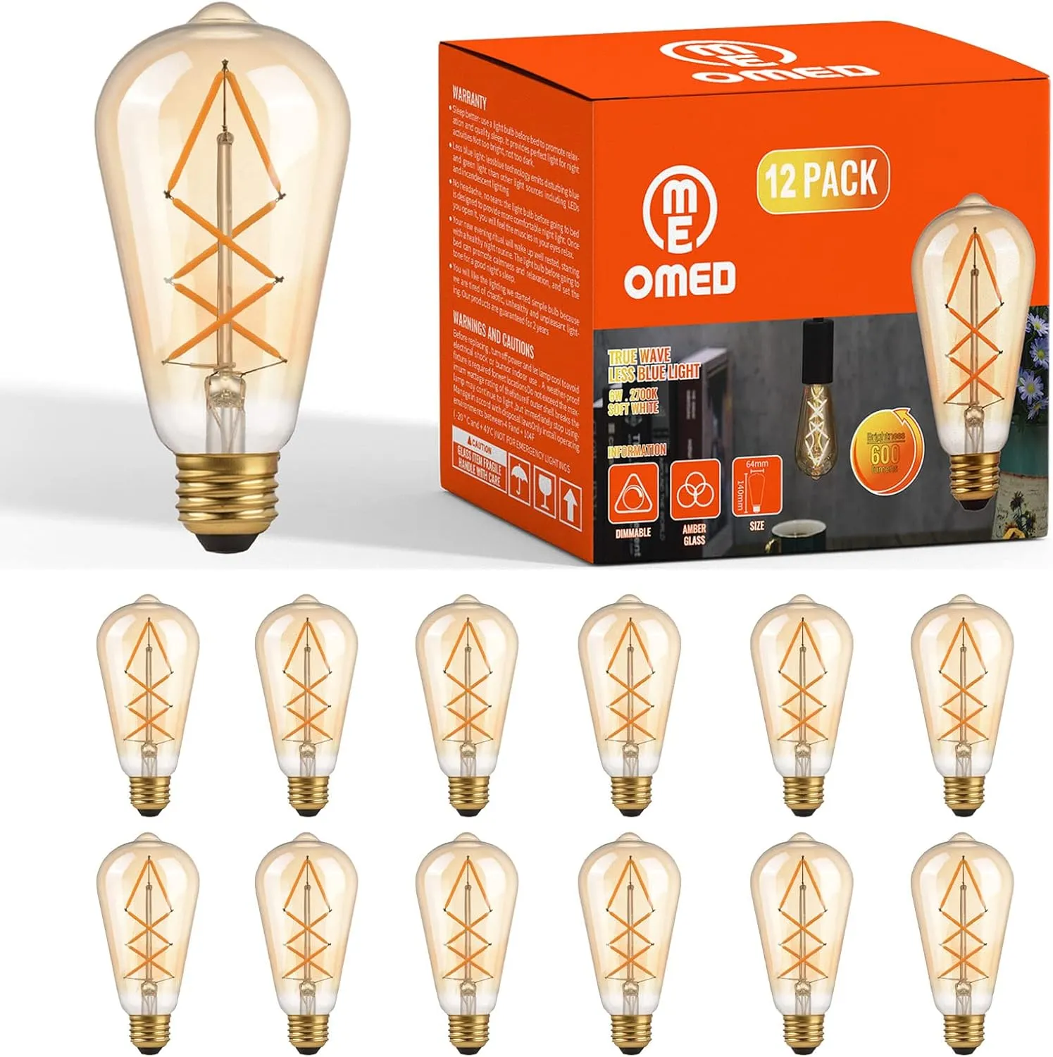 OMED Dimmable LED Vintage Edison Bulbs, ST64 2700K Soft White Fishbone Filament Antique Edison Bulbs Whit E26 Base 60 Watt Equivalent, 6W 600LM Old Fashioned Amber Glass Spiral Light Bulbs 12 Pack