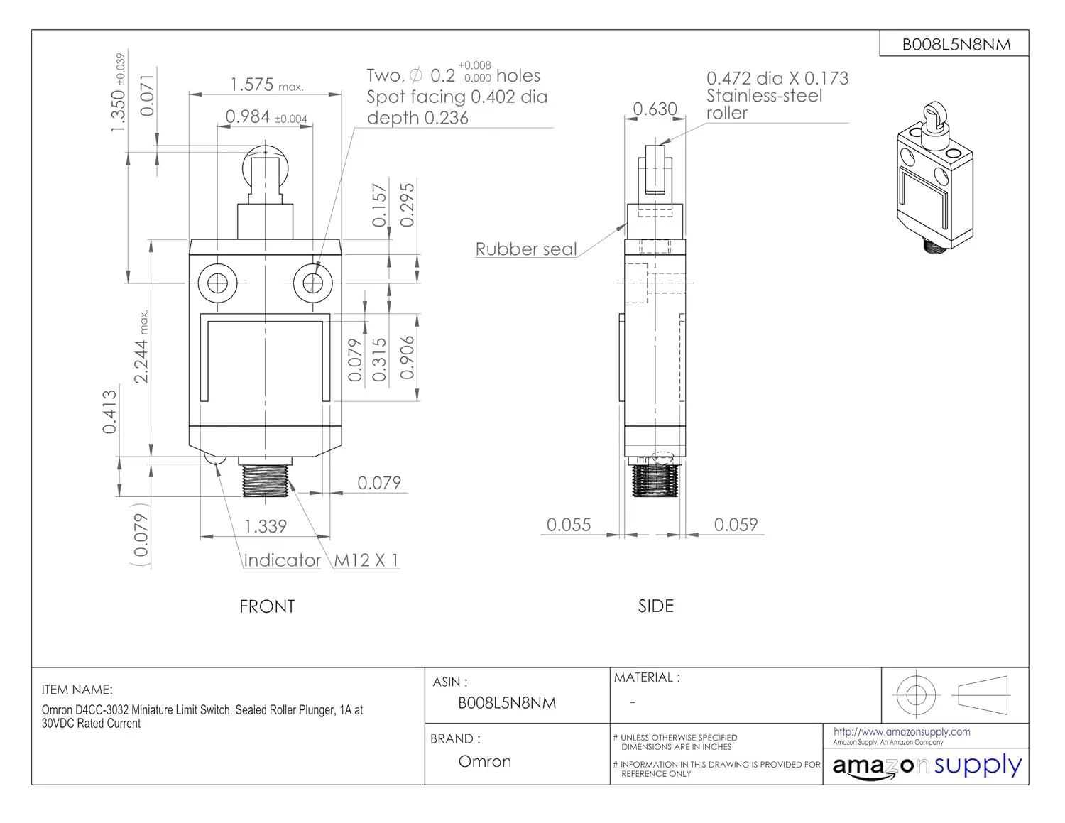Omron D4CC-3032 Miniature Limit Switch, Sealed Roller Plunger, 1A at 30VDC Rated Current