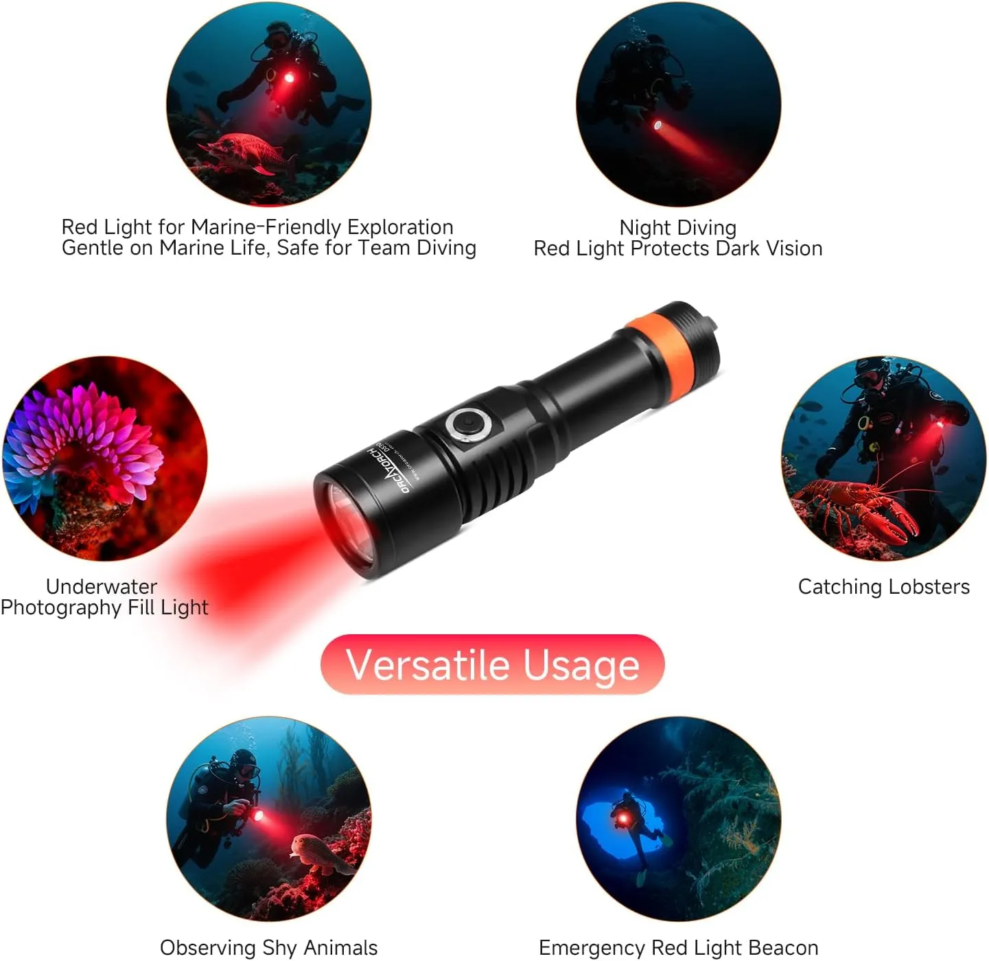 ORCATORCH D530V Red LED Dive Light 160 Lumen Scuba Diving Video Light 120 Degrees Wide Beam Angle, Underwater 150 Meters Diving Photography Light with Safety Lock Function and Battery Power Indicator