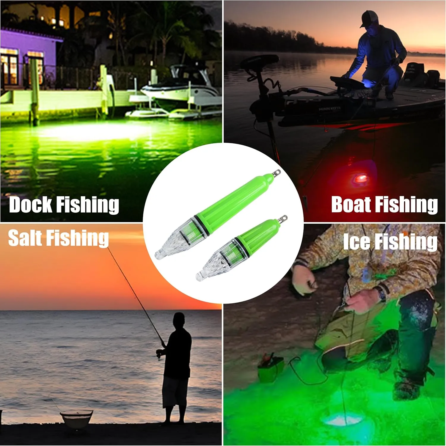 OROOTL LED Underwater Fishing Light, 4 Pack Deep Drop Fishing Lights Waterproof Fish Night Light Attractive Flashing Green White Red Blue Bait Lure Lamp Accessories