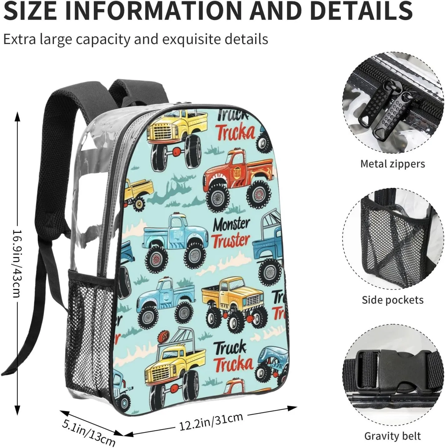 OSAM SPACE Trucks Cartoon Clear Backpack for Stadium Events Heavy Duty PVC Transparent Backpack See Through Bag Large Capacity Clear Backpacks for Women Men (16Inch)