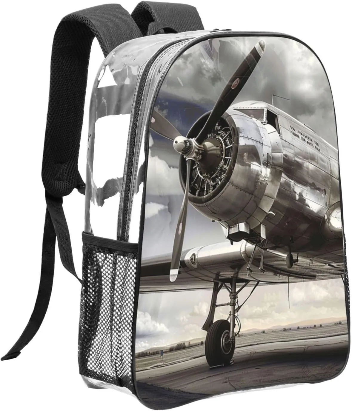 OSAM SPACE Vintage Airplane Clear Backpack for Stadium Events Heavy Duty PVC Transparent Backpack See Through Bag Large Capacity Clear Backpacks for Women Men (16Inch)
