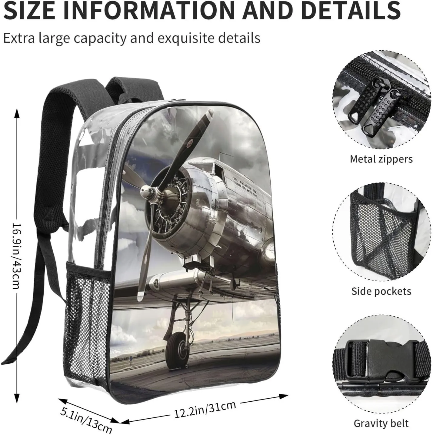 OSAM SPACE Vintage Airplane Clear Backpack for Stadium Events Heavy Duty PVC Transparent Backpack See Through Bag Large Capacity Clear Backpacks for Women Men (16Inch)